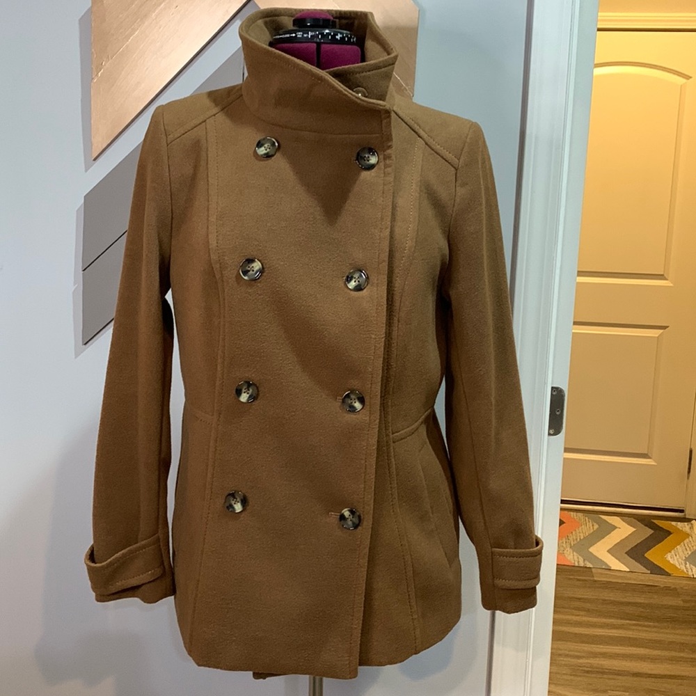 H&M mid camel brown pea coat with funnel neck size 14